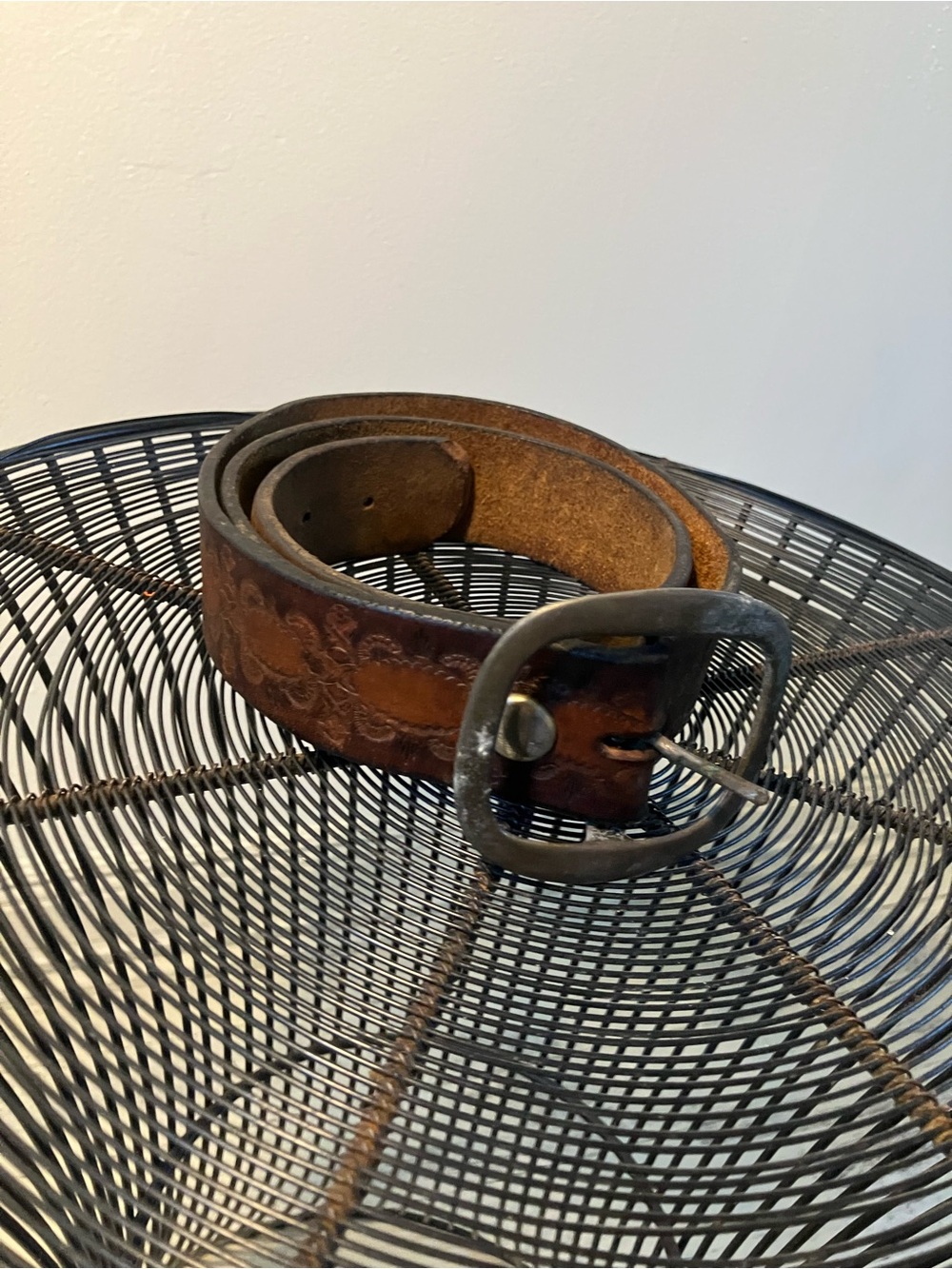 Vintage Tooled Brown Leather Belt with Oval Buckle Boho Western Cowboy Style 36
